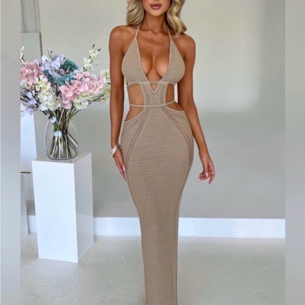 Backless Halter Taupe Maxi Dress with Cutout Detail